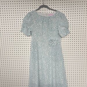 Dan Chau Dress featuring a turquoise & white abstract print on textured fabric